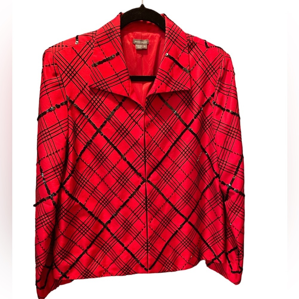 Anthracite woman’s‎ red silk blazer with black sequins size 10